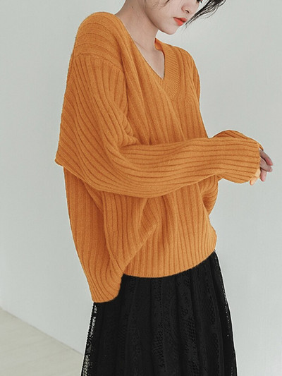 Φθινόπωρο Χειμώνας 2022 Μόδα Πλεκτό Πλεκτό Πουλόβερ με λαιμόκοψη Γυναικείο πουλόβερ χαλαρό καθαρό χρώμα Μακρυμάνικο πλεκτό μπουφάν με επένδυση