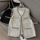 Proljeće jesen Vintage crno-bijeli karirani prsluk od tvida Chic prsluk s bisernom kopčom Ženska jakna bez rukava Korejski jakni uski kardigan