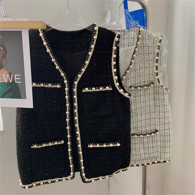 Proljeće jesen Vintage crno-bijeli karirani prsluk od tvida Chic prsluk s bisernom kopčom Ženska jakna bez rukava Korejski jakni uski kardigan