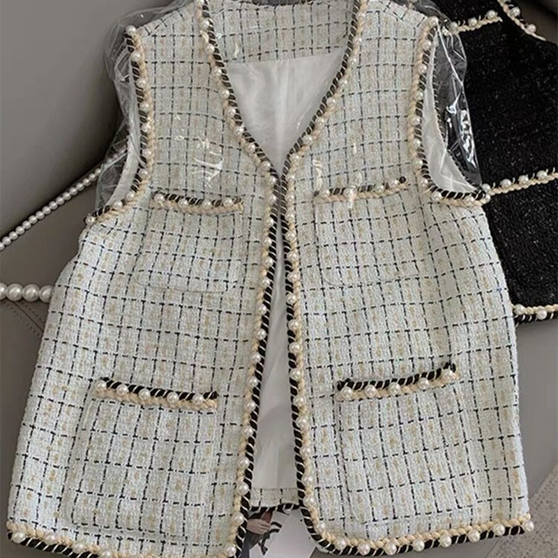 Proljeće jesen Vintage crno-bijeli karirani prsluk od tvida Chic prsluk s bisernom kopčom Ženska jakna bez rukava Korejski jakni uski kardigan