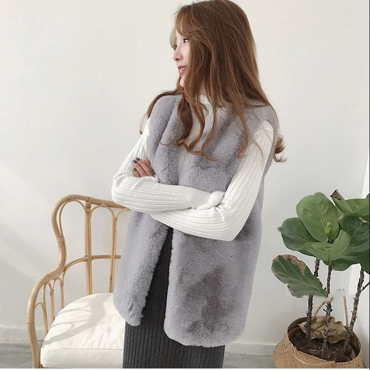 Χειμερινό γιλέκο Γυναικείο Casual V λαιμόκοψη Αμάνικο γούνα κουνελιού Παχύ ένδυμα Ζεστή ανοιχτή βελονιά Αμάνικο παλτό