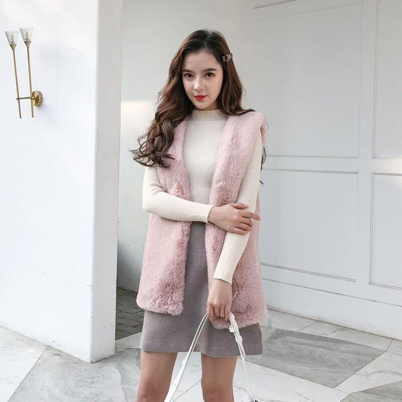 Χειμερινό γιλέκο Γυναικείο Casual V λαιμόκοψη Αμάνικο γούνα κουνελιού Παχύ ένδυμα Ζεστή ανοιχτή βελονιά Αμάνικο παλτό