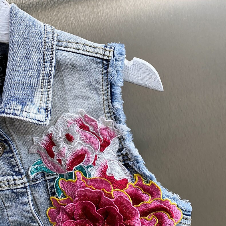 2021. Djevojački traper prsluk, trodimenzionalni vez, cvjetni prsluk, korejski uski studentski prsluk, gornji dio jeans jakne, kratki ženski kaput