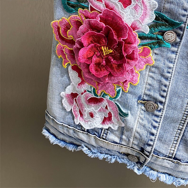2021. Djevojački traper prsluk, trodimenzionalni vez, cvjetni prsluk, korejski uski studentski prsluk, gornji dio jeans jakne, kratki ženski kaput
