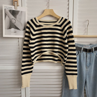Yitimoky pulover Ženske kratke džempere Modni prugasti O izrez dugih rukava Jesenske pletene majice Ženski šik ženski kratki puloveri