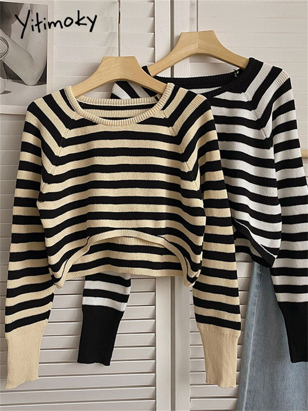 Yitimoky pulover Ženske kratke džempere Modni prugasti O izrez dugih rukava Jesenske pletene majice Ženski šik ženski kratki puloveri