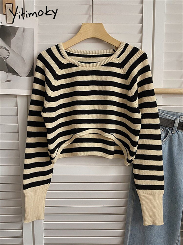 Yitimoky pulover Ženske kratke džempere Modni prugasti O izrez dugih rukava Jesenske pletene majice Ženski šik ženski kratki puloveri