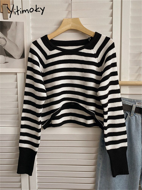 Yitimoky pulover Ženske kratke džempere Modni prugasti O izrez dugih rukava Jesenske pletene majice Ženski šik ženski kratki puloveri