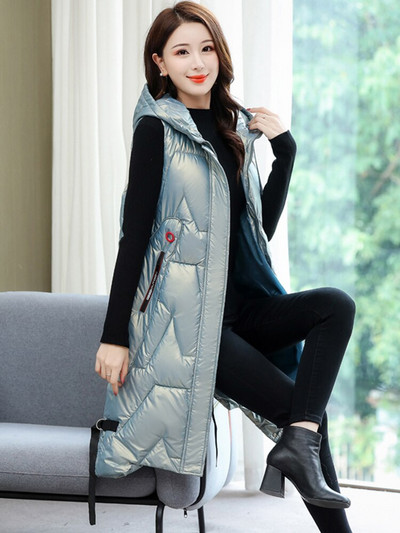Γυναικείο χειμωνιάτικο μπουφάν 2022 Hot Sale με κουκούλα Μακρύ φωτεινό γυαλιστερό γιλέκο με ζεστή επένδυση μεγάλου μεγέθους 4XL 5XL μπουφάν