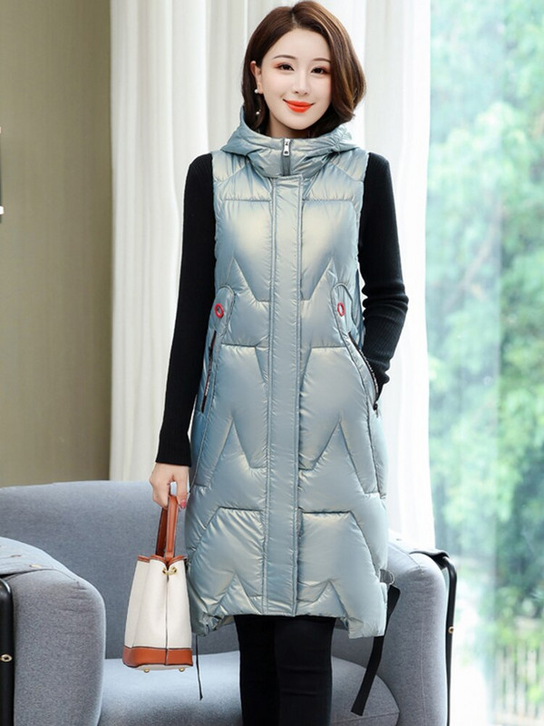Γυναικείο χειμωνιάτικο μπουφάν 2022 Hot Sale με κουκούλα Μακρύ φωτεινό γυαλιστερό γιλέκο με ζεστή επένδυση μεγάλου μεγέθους 4XL 5XL μπουφάν