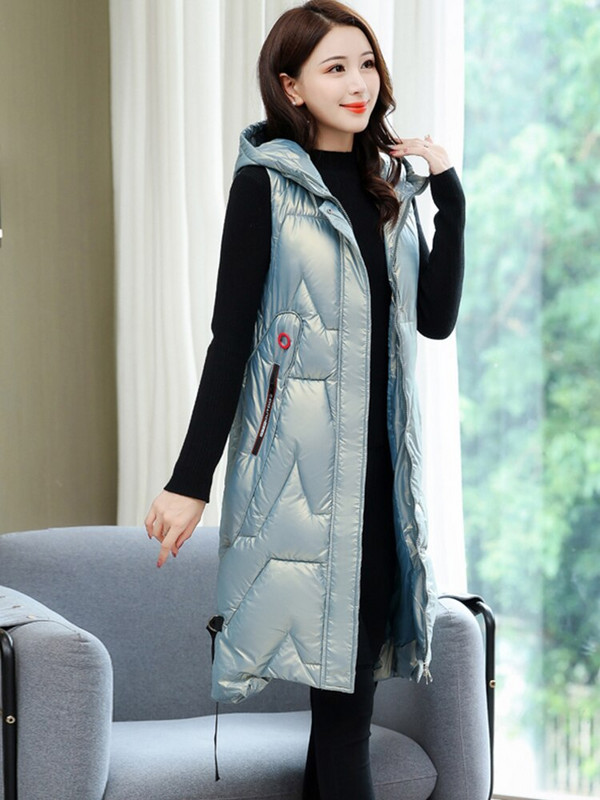 Γυναικείο χειμωνιάτικο μπουφάν 2022 Hot Sale με κουκούλα Μακρύ φωτεινό γυαλιστερό γιλέκο με ζεστή επένδυση μεγάλου μεγέθους 4XL 5XL μπουφάν