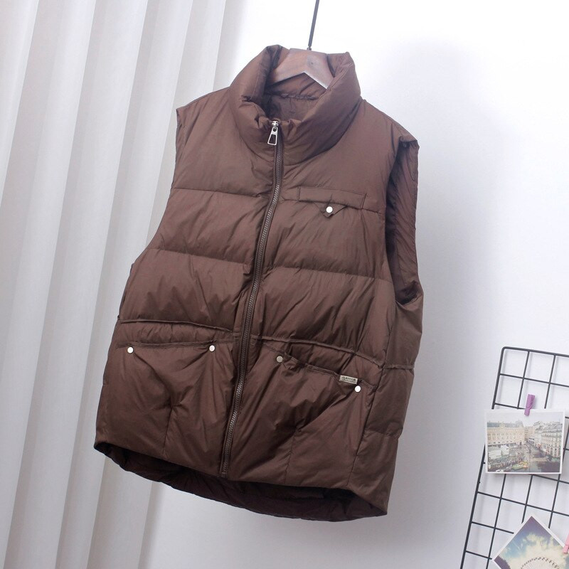 Νέο Φθινοπωρινό Χειμώνα Γυναικείο Υπερελαφρύ πουπουλένιο Γιλέκο Σταντ Γιακά Λευκό Παλτό με Παπάκι Πάρκα Γυναικείο ζεστό μανίκι Γιλέκο φορητό