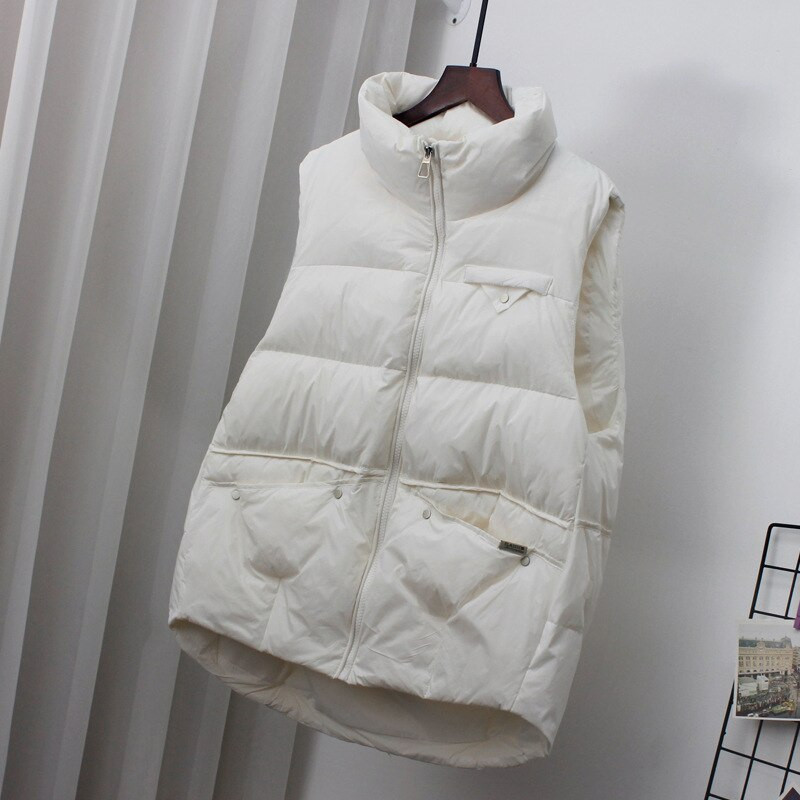 Νέο Φθινοπωρινό Χειμώνα Γυναικείο Υπερελαφρύ πουπουλένιο Γιλέκο Σταντ Γιακά Λευκό Παλτό με Παπάκι Πάρκα Γυναικείο ζεστό μανίκι Γιλέκο φορητό