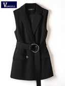 Vangull Fahion melna mežģīņu veste sieviešu divrindu veste ar pavasara plānu jostu, sieviešu veste bez piedurknēm, nolaižama sieviešu veste