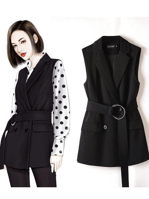 Vangull Fahion melna mežģīņu veste sieviešu divrindu veste ar pavasara plānu jostu, sieviešu veste bez piedurknēm, nolaižama sieviešu veste