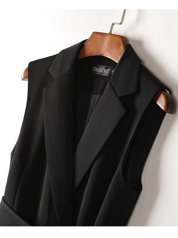 Vangull Fahion melna mežģīņu veste sieviešu divrindu veste ar pavasara plānu jostu, sieviešu veste bez piedurknēm, nolaižama sieviešu veste