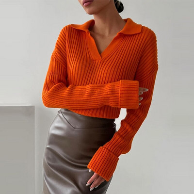 Γυναικείο πλεκτό πουλόβερ με γιακά πόλο με ραβδώσεις casual μακρυμάνικο Basic πουλόβερ γυναικεία πουλόβερ 2022 Φθινόπωρο Χειμώνας Νέα μασίφ λεπτή μπλούζα