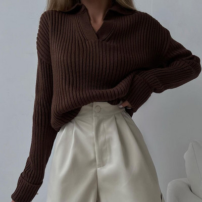 Γυναικείο πλεκτό πουλόβερ με γιακά πόλο με ραβδώσεις casual μακρυμάνικο Basic πουλόβερ γυναικεία πουλόβερ 2022 Φθινόπωρο Χειμώνας Νέα μασίφ λεπτή μπλούζα