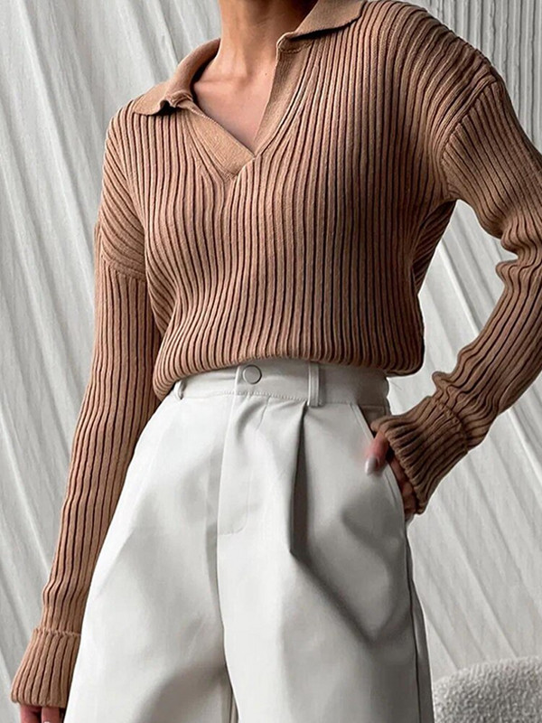 Γυναικείο πλεκτό πουλόβερ με γιακά πόλο με ραβδώσεις casual μακρυμάνικο Basic πουλόβερ γυναικεία πουλόβερ 2022 Φθινόπωρο Χειμώνας Νέα μασίφ λεπτή μπλούζα