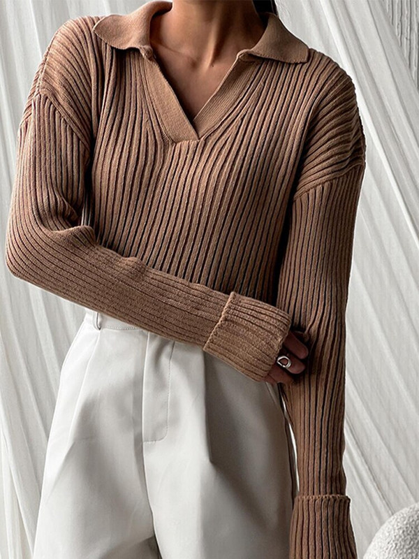 Γυναικείο πλεκτό πουλόβερ με γιακά πόλο με ραβδώσεις casual μακρυμάνικο Basic πουλόβερ γυναικεία πουλόβερ 2022 Φθινόπωρο Χειμώνας Νέα μασίφ λεπτή μπλούζα