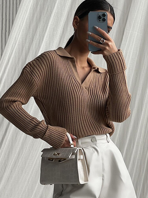 Γυναικείο πλεκτό πουλόβερ με γιακά πόλο με ραβδώσεις casual μακρυμάνικο Basic πουλόβερ γυναικεία πουλόβερ 2022 Φθινόπωρο Χειμώνας Νέα μασίφ λεπτή μπλούζα