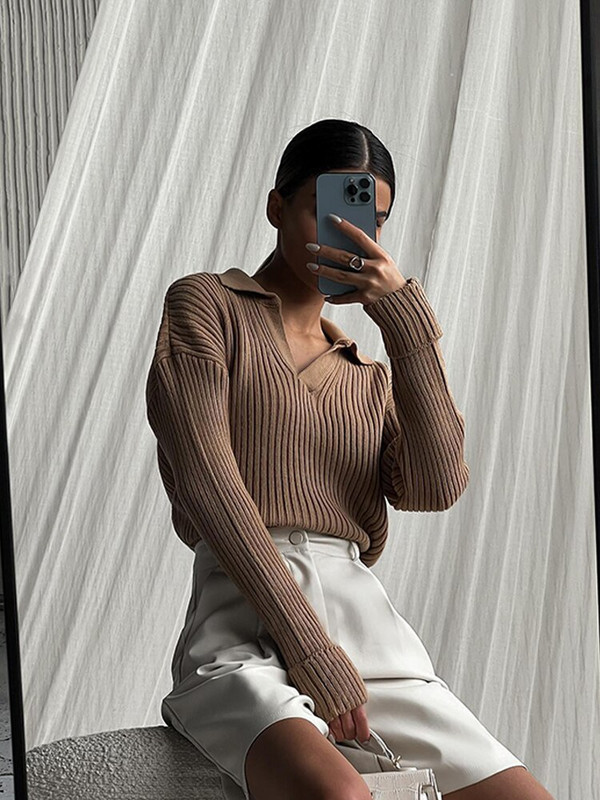 Γυναικείο πλεκτό πουλόβερ με γιακά πόλο με ραβδώσεις casual μακρυμάνικο Basic πουλόβερ γυναικεία πουλόβερ 2022 Φθινόπωρο Χειμώνας Νέα μασίφ λεπτή μπλούζα