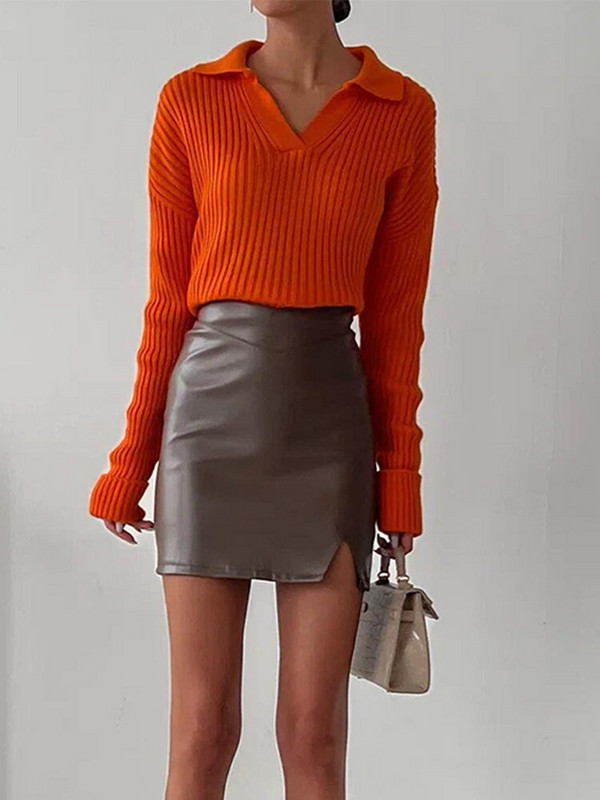 Γυναικείο πλεκτό πουλόβερ με γιακά πόλο με ραβδώσεις casual μακρυμάνικο Basic πουλόβερ γυναικεία πουλόβερ 2022 Φθινόπωρο Χειμώνας Νέα μασίφ λεπτή μπλούζα