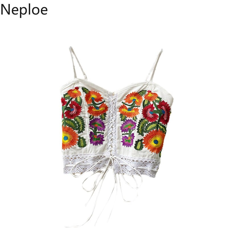 Neploe Boho Κέντημα Λουλούδι Γυναικεία τανκς Camis Αμάνικο Πλεκτό Μόδα καλοκαιρινό γιλέκο 2022 Νέο κοντό λεπτό, κομψό γυναικείο μπλουζάκι 1C384