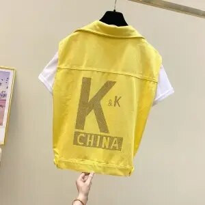 Νέο καλοκαιρινό γυναικείο κοντό τζιν γιλέκο με μονόχρωμη φόρμα και αμάνικο τζιν γιλέκο