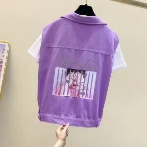 Νέο καλοκαιρινό γυναικείο κοντό τζιν γιλέκο με μονόχρωμη φόρμα και αμάνικο τζιν γιλέκο