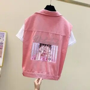 Νέο καλοκαιρινό γυναικείο κοντό τζιν γιλέκο με μονόχρωμη φόρμα και αμάνικο τζιν γιλέκο