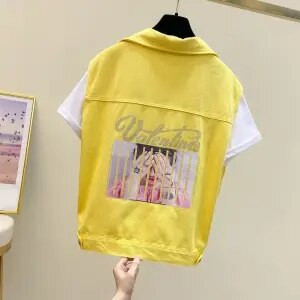 Νέο καλοκαιρινό γυναικείο κοντό τζιν γιλέκο με μονόχρωμη φόρμα και αμάνικο τζιν γιλέκο