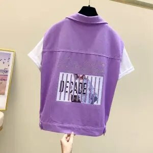 Νέο καλοκαιρινό γυναικείο κοντό τζιν γιλέκο με μονόχρωμη φόρμα και αμάνικο τζιν γιλέκο