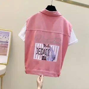 Νέο καλοκαιρινό γυναικείο κοντό τζιν γιλέκο με μονόχρωμη φόρμα και αμάνικο τζιν γιλέκο