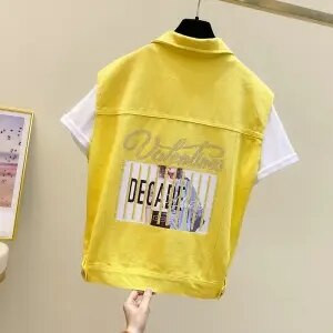 Νέο καλοκαιρινό γυναικείο κοντό τζιν γιλέκο με μονόχρωμη φόρμα και αμάνικο τζιν γιλέκο