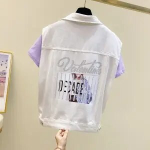 Νέο καλοκαιρινό γυναικείο κοντό τζιν γιλέκο με μονόχρωμη φόρμα και αμάνικο τζιν γιλέκο