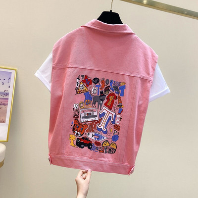 Νέο καλοκαιρινό γυναικείο κοντό τζιν γιλέκο με μονόχρωμη φόρμα και αμάνικο τζιν γιλέκο