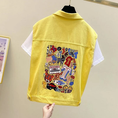 Νέο καλοκαιρινό γυναικείο κοντό τζιν γιλέκο με μονόχρωμη φόρμα και αμάνικο τζιν γιλέκο