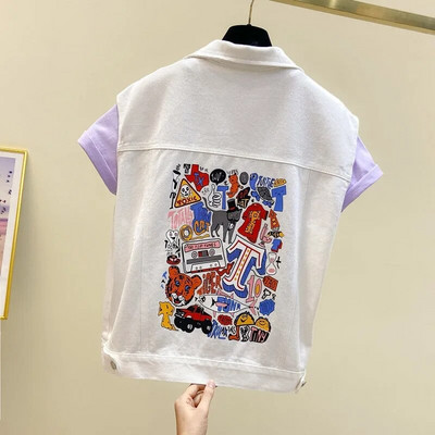 Νέο καλοκαιρινό γυναικείο κοντό τζιν γιλέκο με μονόχρωμη φόρμα και αμάνικο τζιν γιλέκο