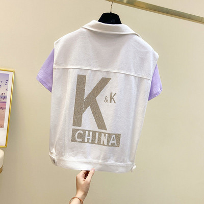 Νέο καλοκαιρινό γυναικείο κοντό τζιν γιλέκο με μονόχρωμη φόρμα και αμάνικο τζιν γιλέκο