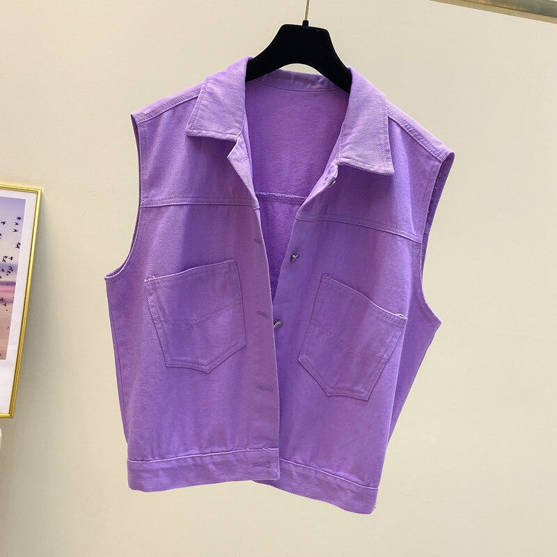 Νέο καλοκαιρινό γυναικείο κοντό τζιν γιλέκο με μονόχρωμη φόρμα και αμάνικο τζιν γιλέκο