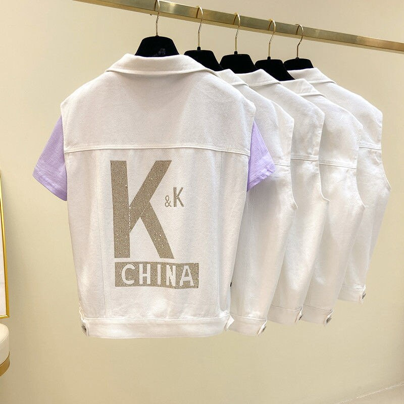 Νέο καλοκαιρινό γυναικείο κοντό τζιν γιλέκο με μονόχρωμη φόρμα και αμάνικο τζιν γιλέκο