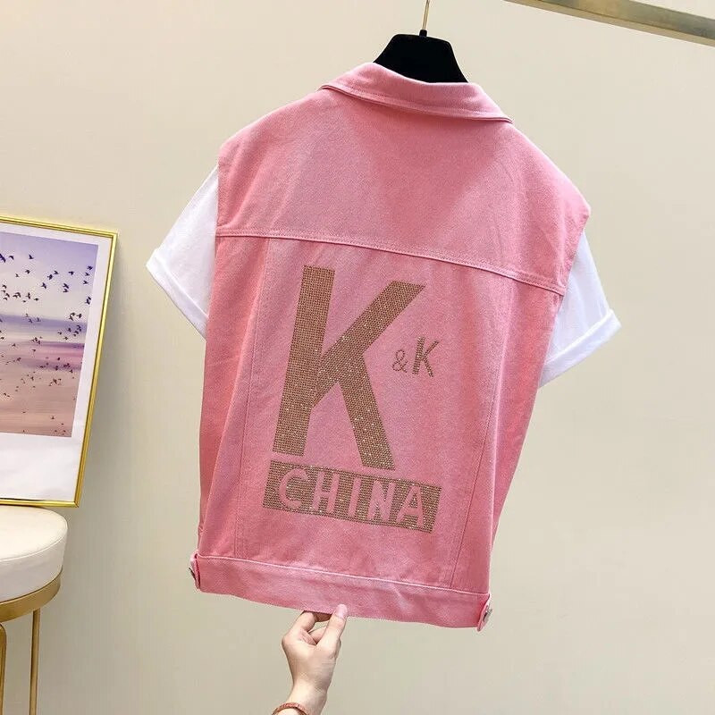 Νέο καλοκαιρινό γυναικείο κοντό τζιν γιλέκο με μονόχρωμη φόρμα και αμάνικο τζιν γιλέκο