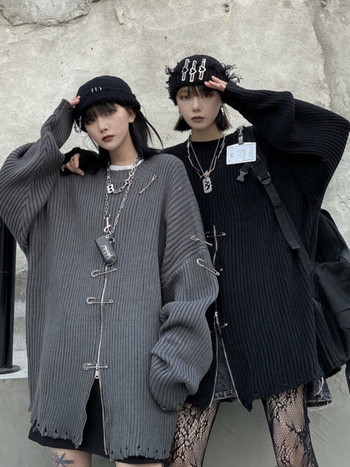 QWEEK Gothic Harajuku Knit Големи пуловери Дамски пуловери с цип Корейска мода Streetwear Гот Пънк Плетено горнище 2022 Есен