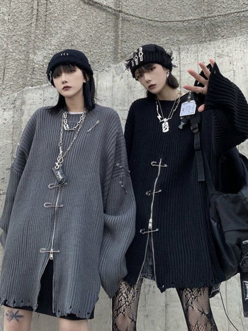 QWEEK Gothic Harajuku Knit Големи пуловери Дамски пуловери с цип Корейска мода Streetwear Гот Пънк Плетено горнище 2022 Есен