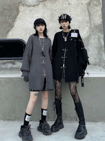 QWEEK Gothic Harajuku Knit Големи пуловери Дамски пуловери с цип Корейска мода Streetwear Гот Пънк Плетено горнище 2022 Есен