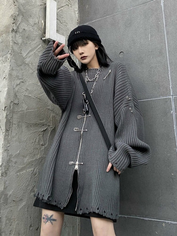 QWEEK Gothic Harajuku Knit Големи пуловери Дамски пуловери с цип Корейска мода Streetwear Гот Пънк Плетено горнище 2022 Есен