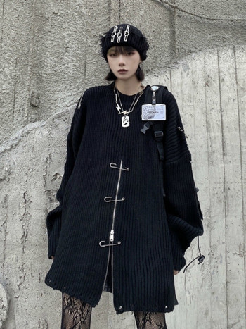 QWEEK Gothic Harajuku Knit Големи пуловери Дамски пуловери с цип Корейска мода Streetwear Гот Пънк Плетено горнище 2022 Есен