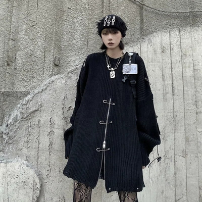 QWEEK Γοτθικό πλεκτό Harajuku Πλεκτό πουλόβερ Γυναικεία πουλόβερ Φερμουάρ Κορεατικής μόδας Streetwear Goth Punk Knitted Top φθινόπωρο 2022