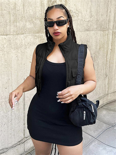 FQLWL Jesenske modne crne jakne za žene 2022., jednobojni kratki gornji kaputi s patentnim zatvaračem, prsluk, prsluci s dolčevitom, puf jakna